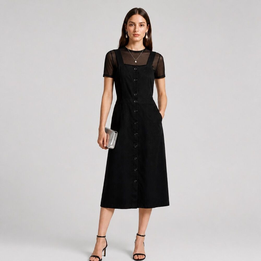 Goldie Pinafore Dress Women Size M Black Button-Front Minimalist A-Line Pocket